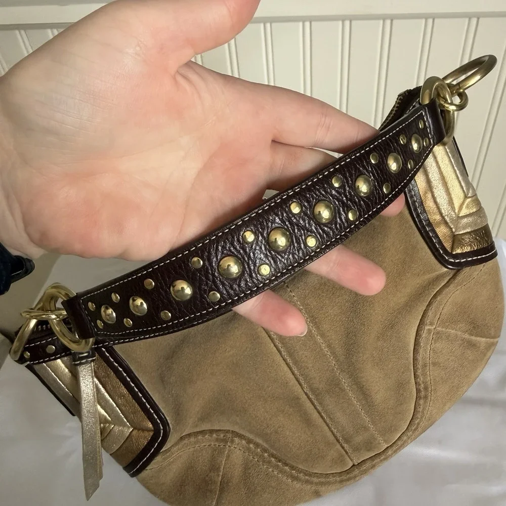 Vintage Coach Brown Tan Suede Small Hobo Shoulder Bag Purse Metallic Accents